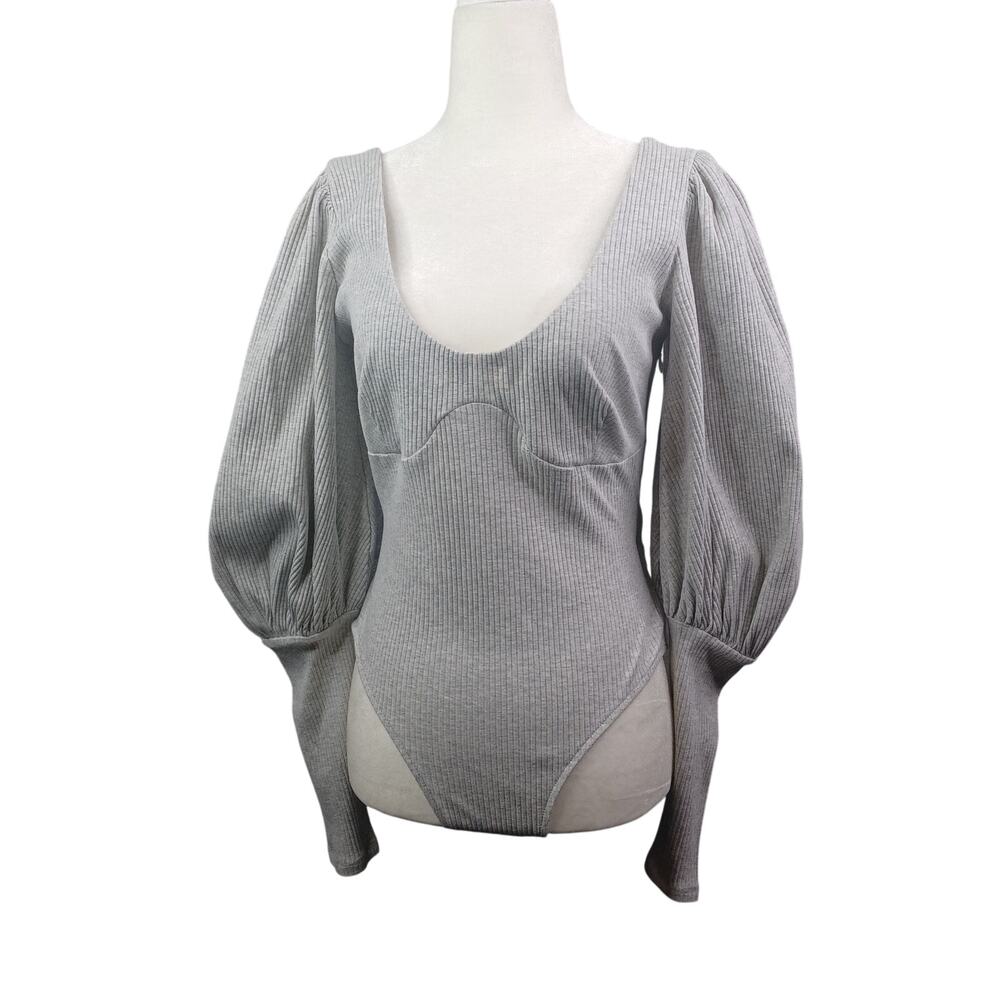 Saints + Secrets Womens Bodysuit Size L Gray Long Puff Sleeve Boho Milkmaid Sexy